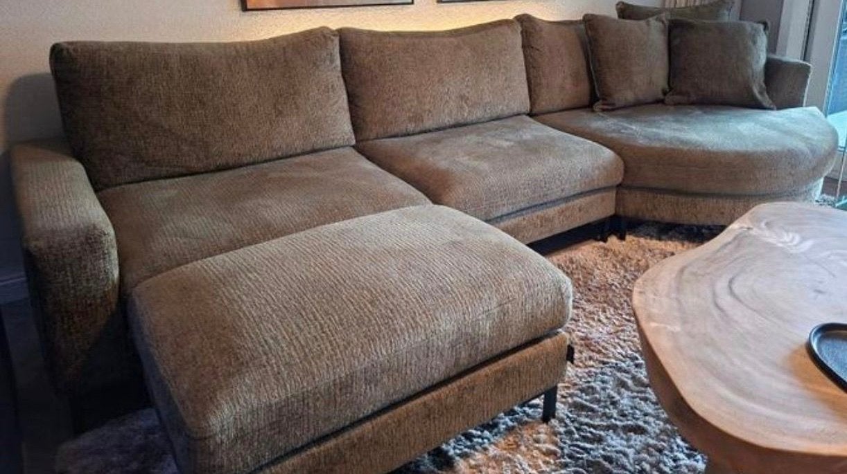 Groene Urban Sofa Hoekbank met ronding inclusief hocker, Ophalen, 100 tot 125 cm, Hoekbank, Zo goed als nieuw
