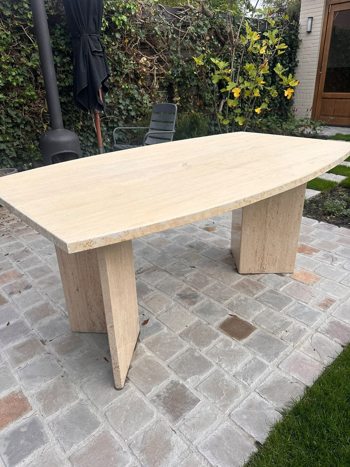 Massieve travertin tafel 6 persoons, Ophalen, Overige materialen, Gebruikt, 50 tot 100 cm