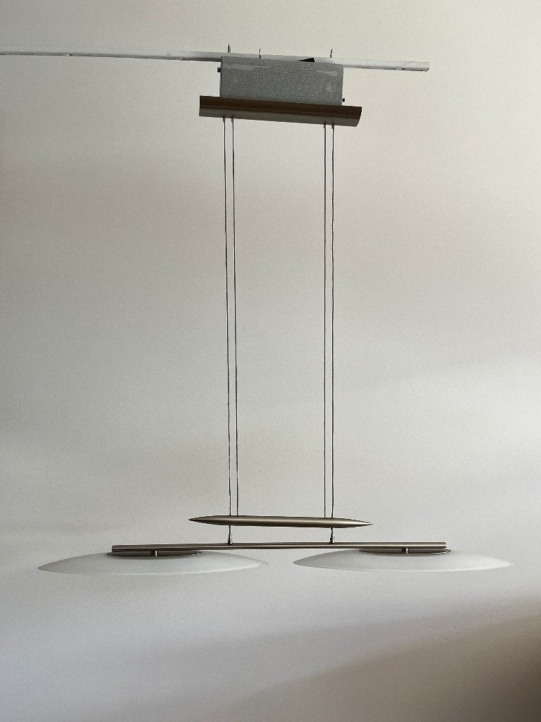 Vintage design hanglamp -in hoogte verstelbaar -wit mat glas, Ophalen, Gebruikt, Vintage, Glas