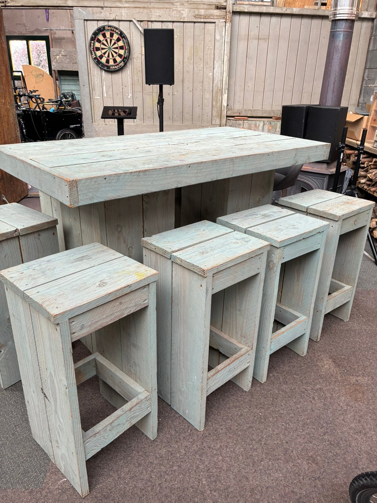 Steigerhouten bartafel met 8 krukken, Ophalen, Gebruikt