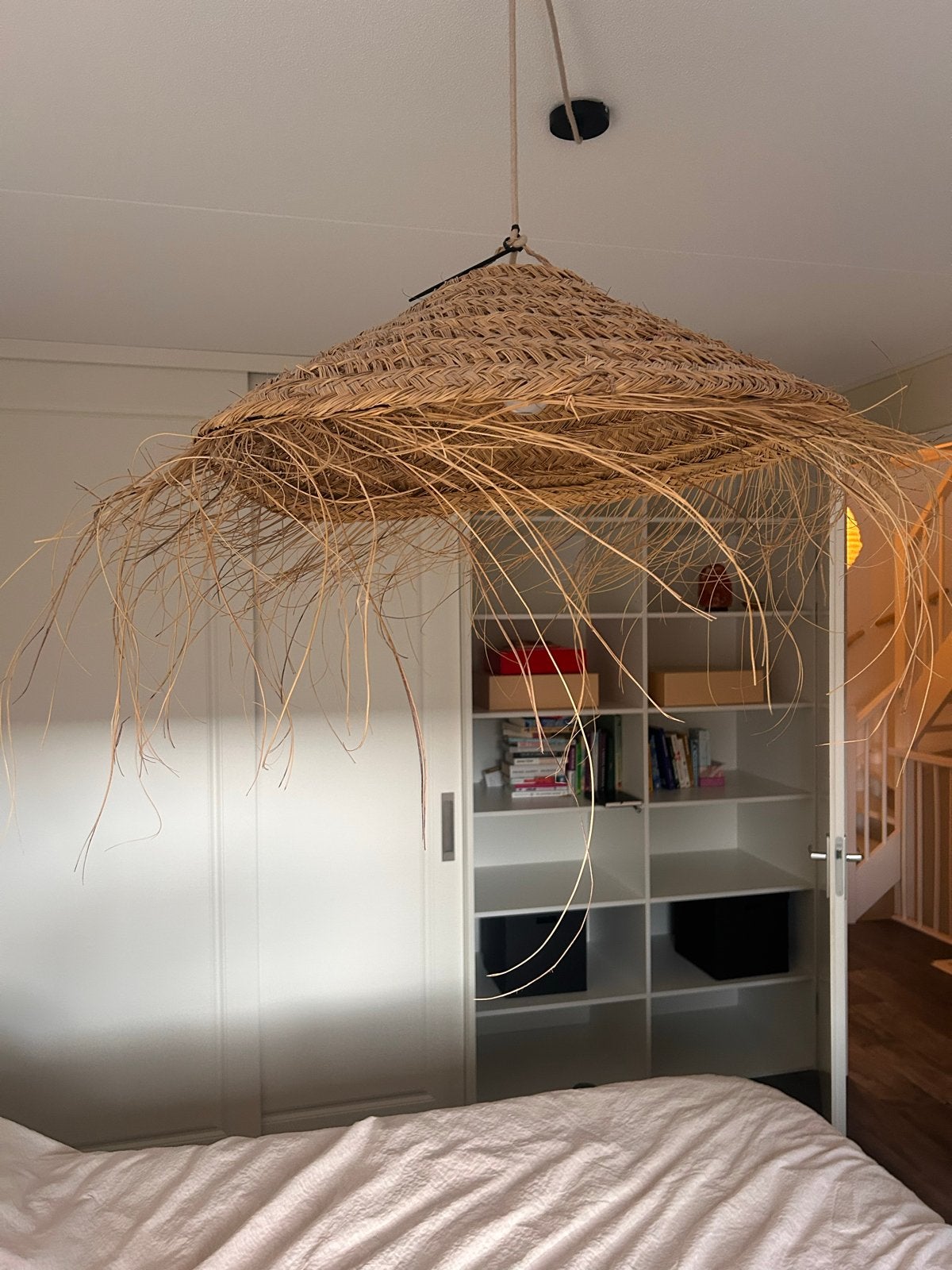 Grote Boho Hanglamp – Raffia / Zeegras – Ibiza Stijl, Ophalen, Zo goed als nieuw, Natuurlijk materiaal, E27 (groot)
