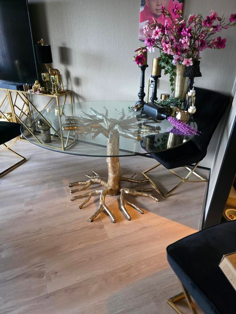 Glazen eettafel met gouden boomstam onderstel, Ophalen of Verzenden