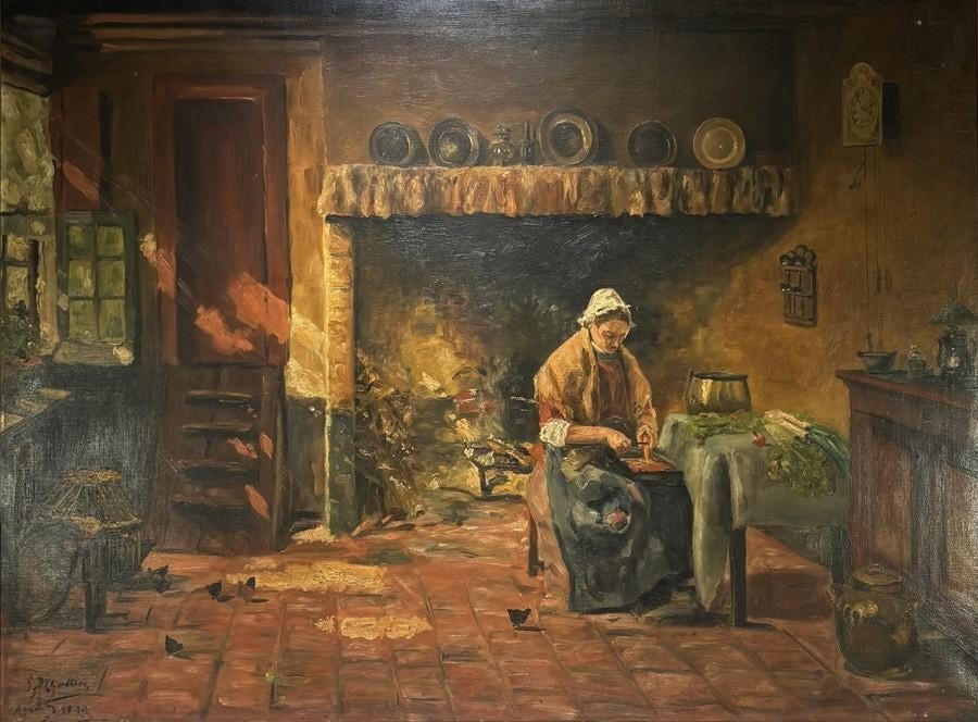 1263. Olieverfschilderij - keukeninterieur, 1899, Antiek en Kunst, Ophalen of Verzenden