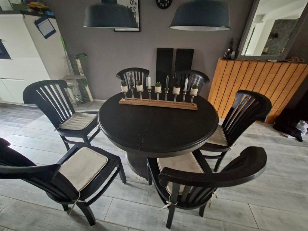Unieke Djati Teakhouten Eettafel Ovaal/Rond +6 stoelen, Ophalen, Gebruikt, 100 tot 150 cm, Vintage, Handgemaakt, Jaren '50
