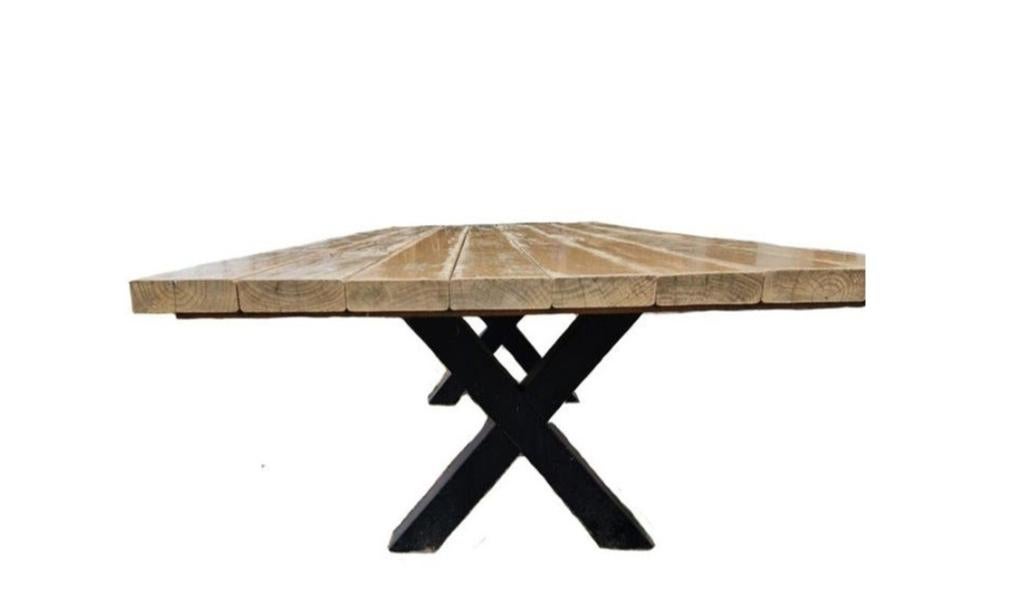 Douglas tafel met metalen X-poten - 300x120 cm, Gebruikt, 100 tot 150 cm, 200 cm of meer, Vijf personen of meer