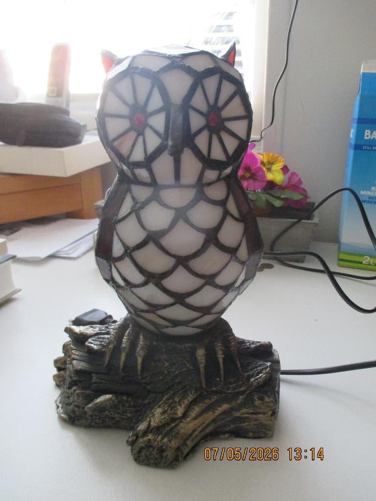 Lamp glas in lood van een uil op tak., Antiek en Kunst, Ophalen of Verzenden