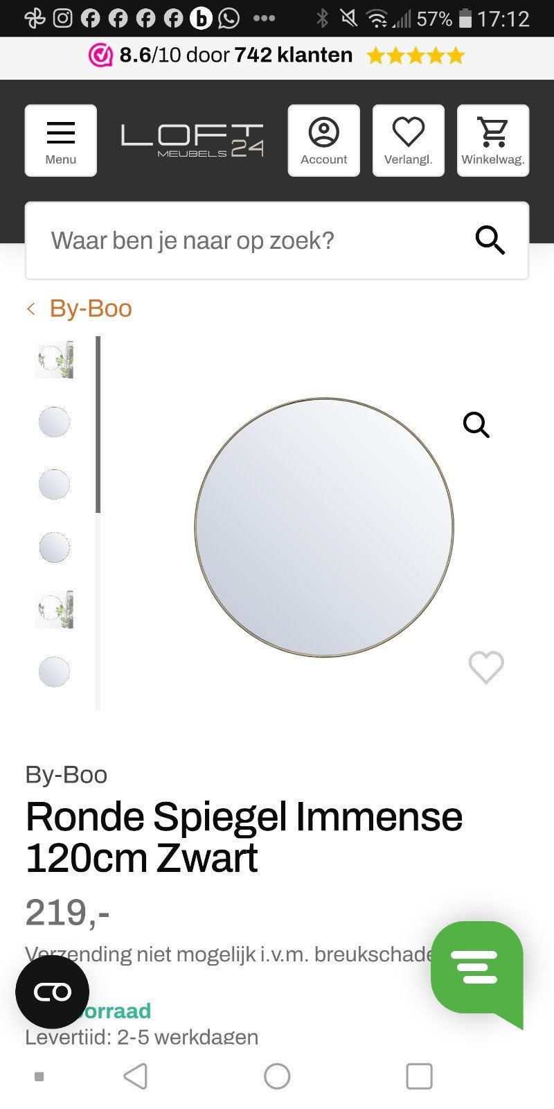 ByBoo ronde spiegel met zwarte rand., Ophalen, 100 tot 150 cm, Zo goed als nieuw, 75 tot 100 cm
