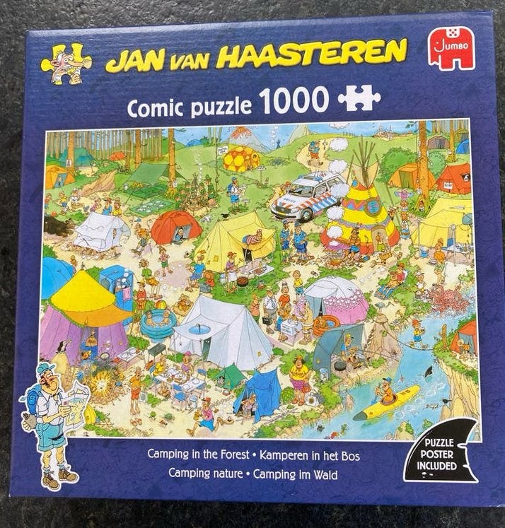 Jan van Haasteren puzzel, 1000, kamperen in het bos, Ophalen of Verzenden, 500 t/m 1500 stukjes, Gebruikt