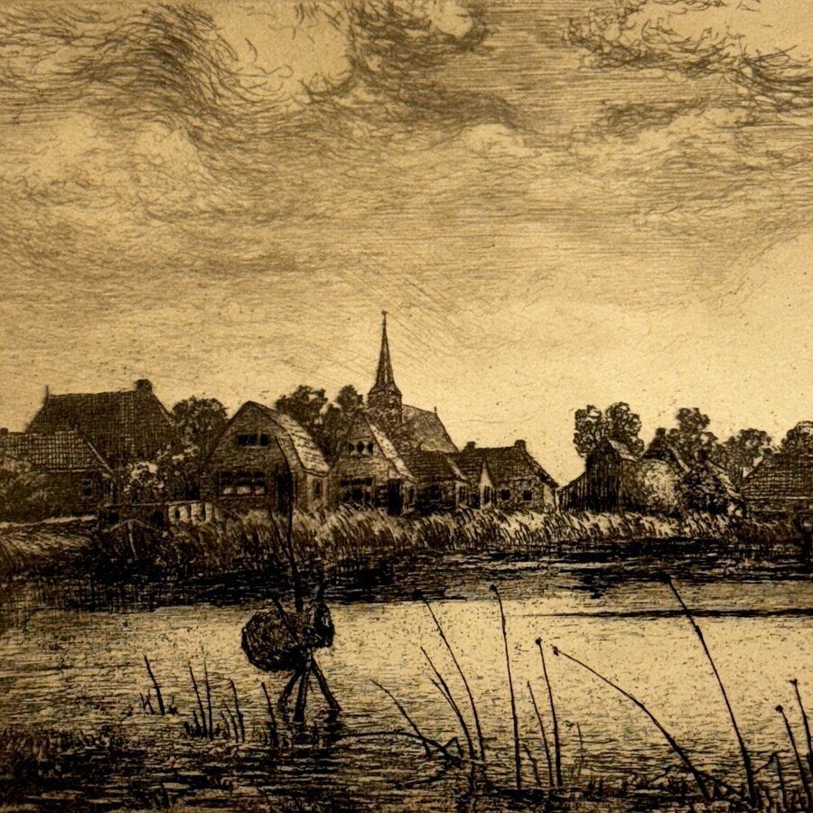 Abe Gerlsma (1919-2012), Ets: huizen aan de vaart, Ophalen of Verzenden, Landschap, Ets, Gesigneerd