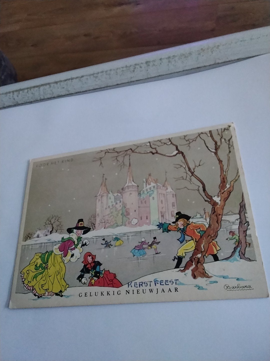 Oude Kerstkaart Barbara - Schaatsers bij Kasteel, Ophalen of Verzenden