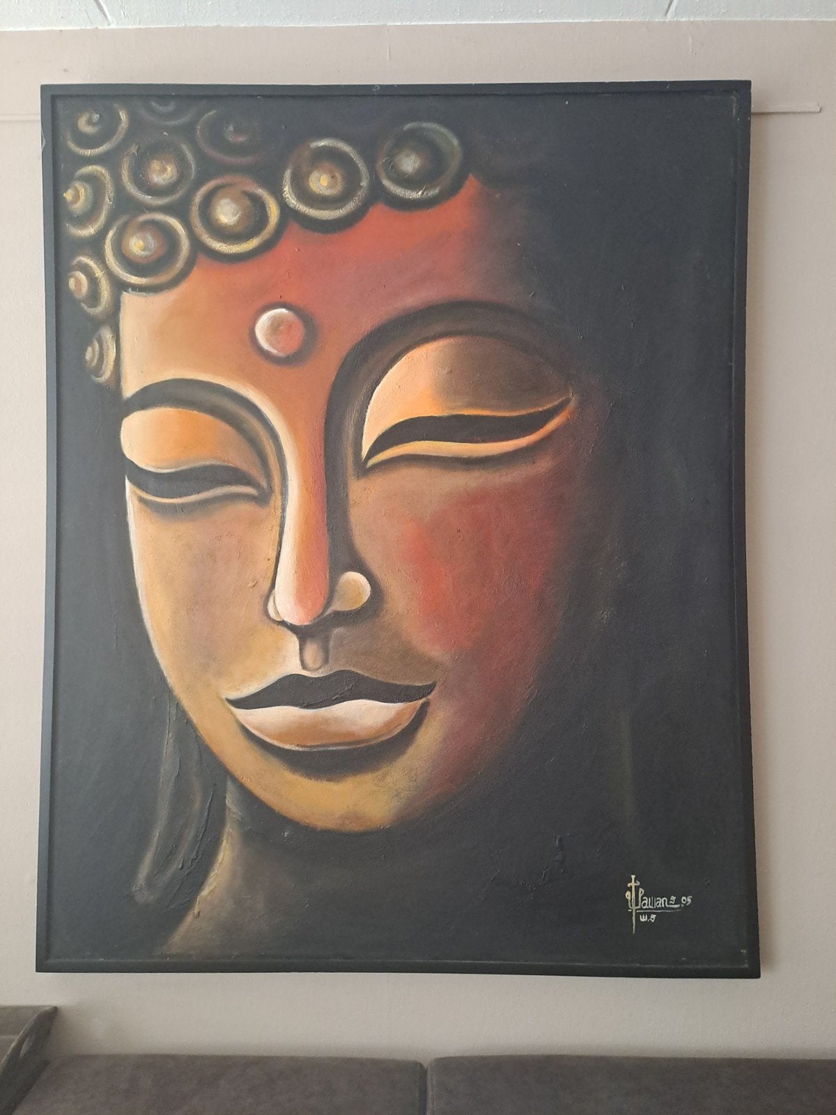 Boeddha schilderij op linnen - 122x154 cm, Ophalen, Textiel, Op houten frame, Figuren