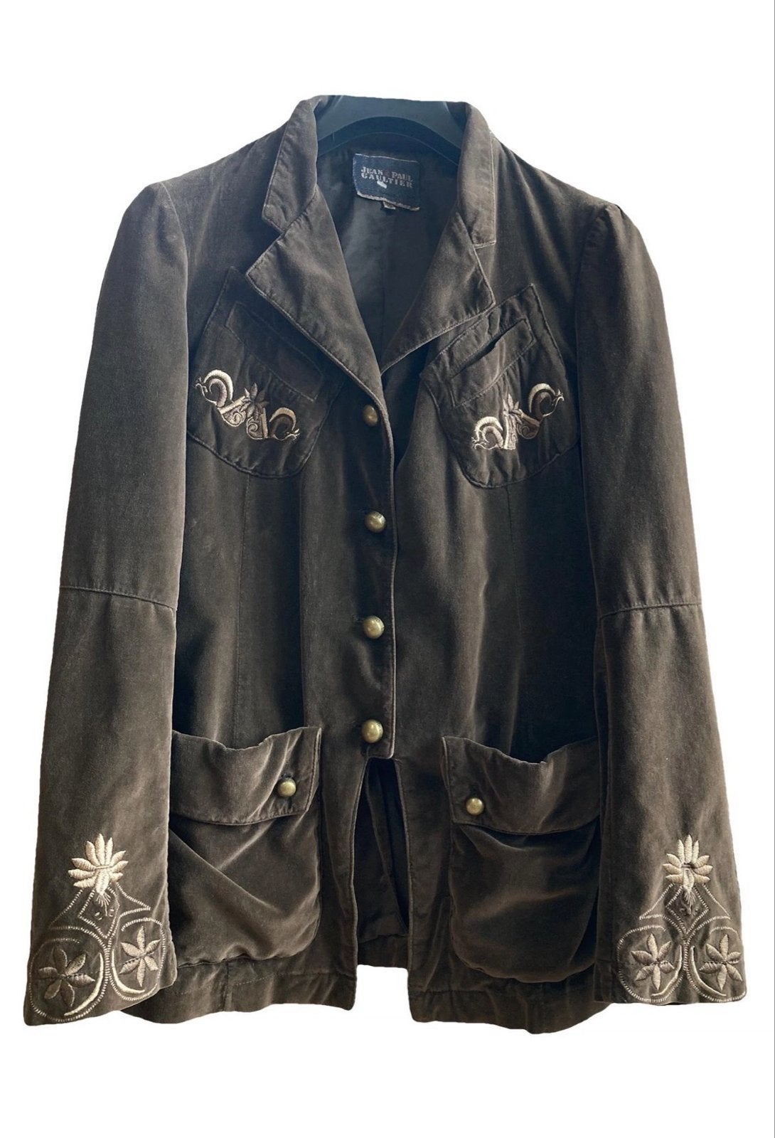 Vintage Jean Paul Gaultier fluwelen jas met borduursels, Ophalen of Verzenden, Gedragen, Maat 38/40 (M), Bruin