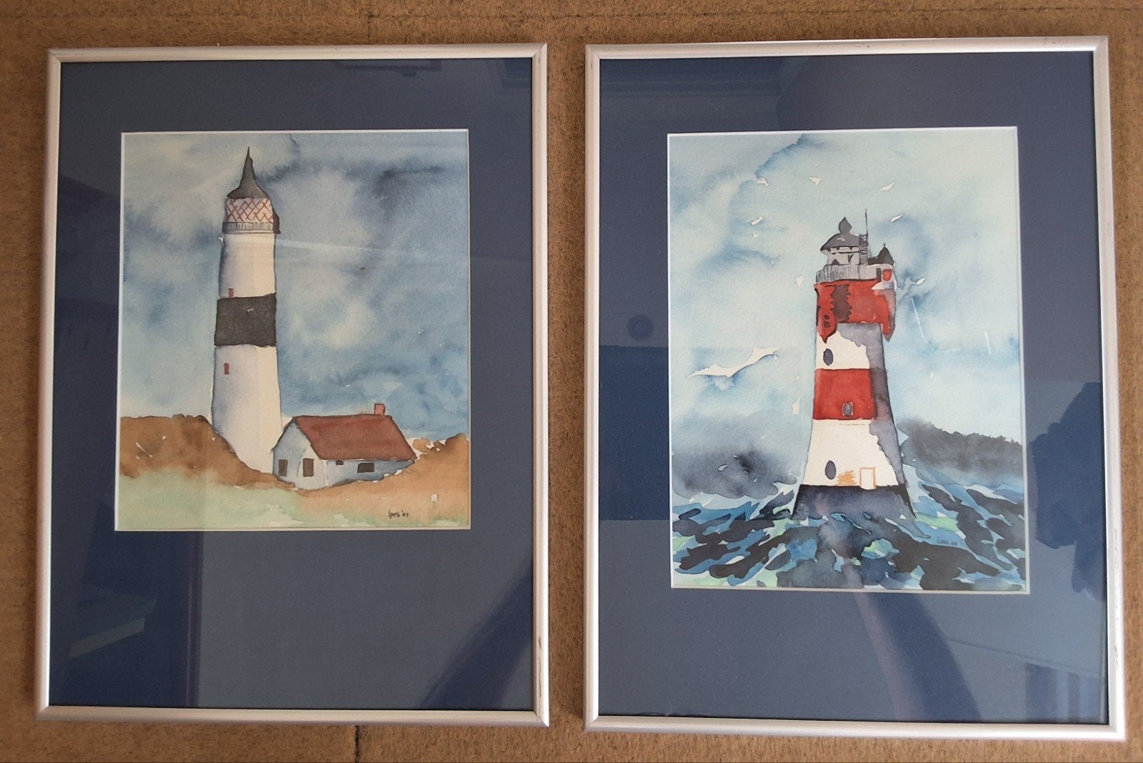 Set van 2 ingelijste aquarel schilderijen met vuurtorens, Ophalen, Maritiem / water, Aquarel, Papier