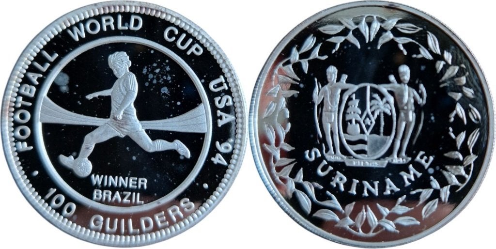 100 gulden 1994, Suriname, WK voetbal Verenigde Staten, Ophalen of Verzenden, Zuid-Amerika, Losse munt, Zilver