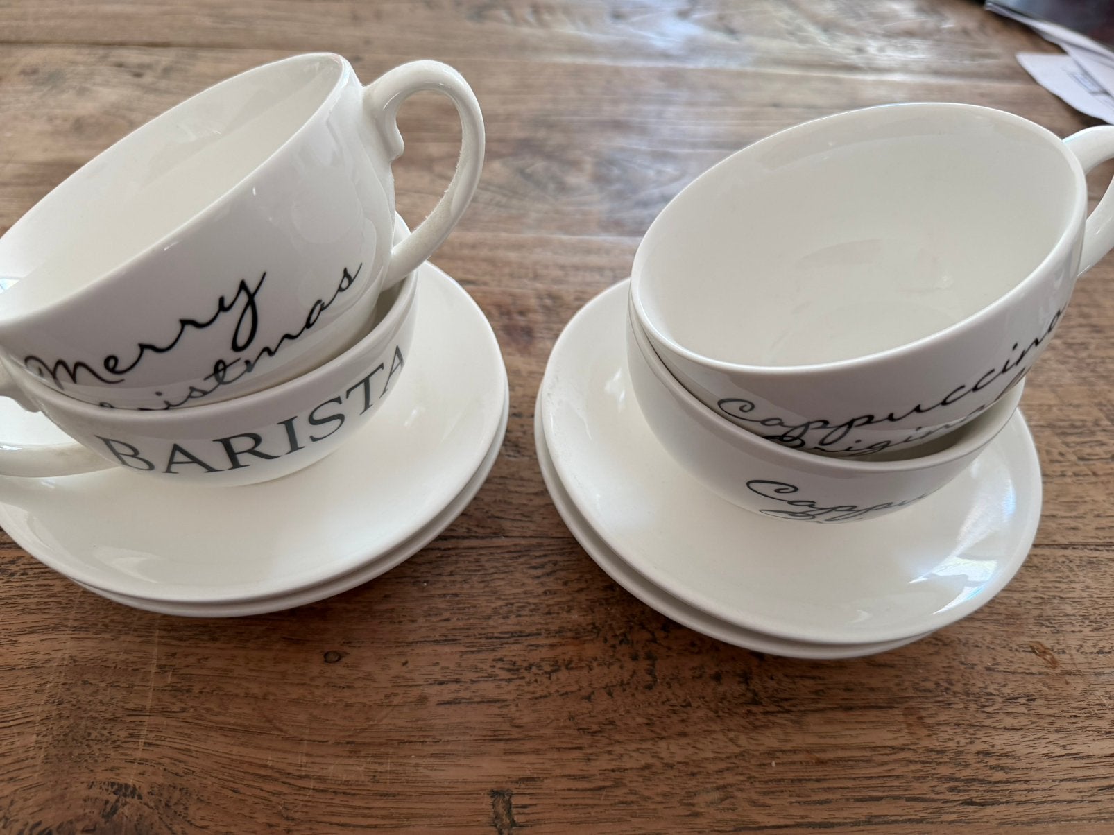 4 cappucino barista riviera maison kop en schotel, Ophalen, Zo goed als nieuw, Porselein, Kop en/of schotel