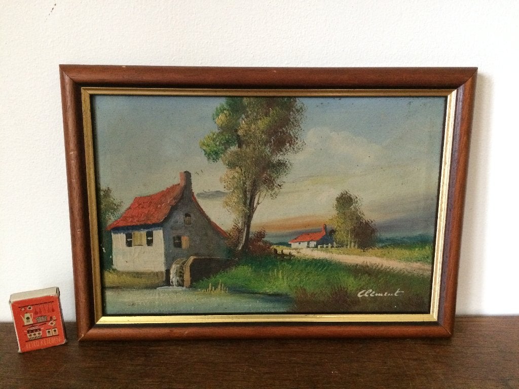 Rustiek wit huisje met rood pannendak & waterrad landschap, Minder dan 50 cm, Oorspronkelijke maker, Ophalen of Verzenden, Zo goed als nieuw