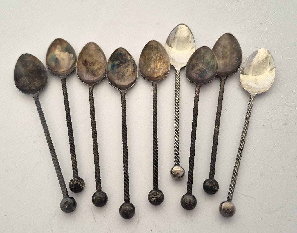 9x Verzilverde lepeltjes met getorste steel en knop, Ophalen of Verzenden