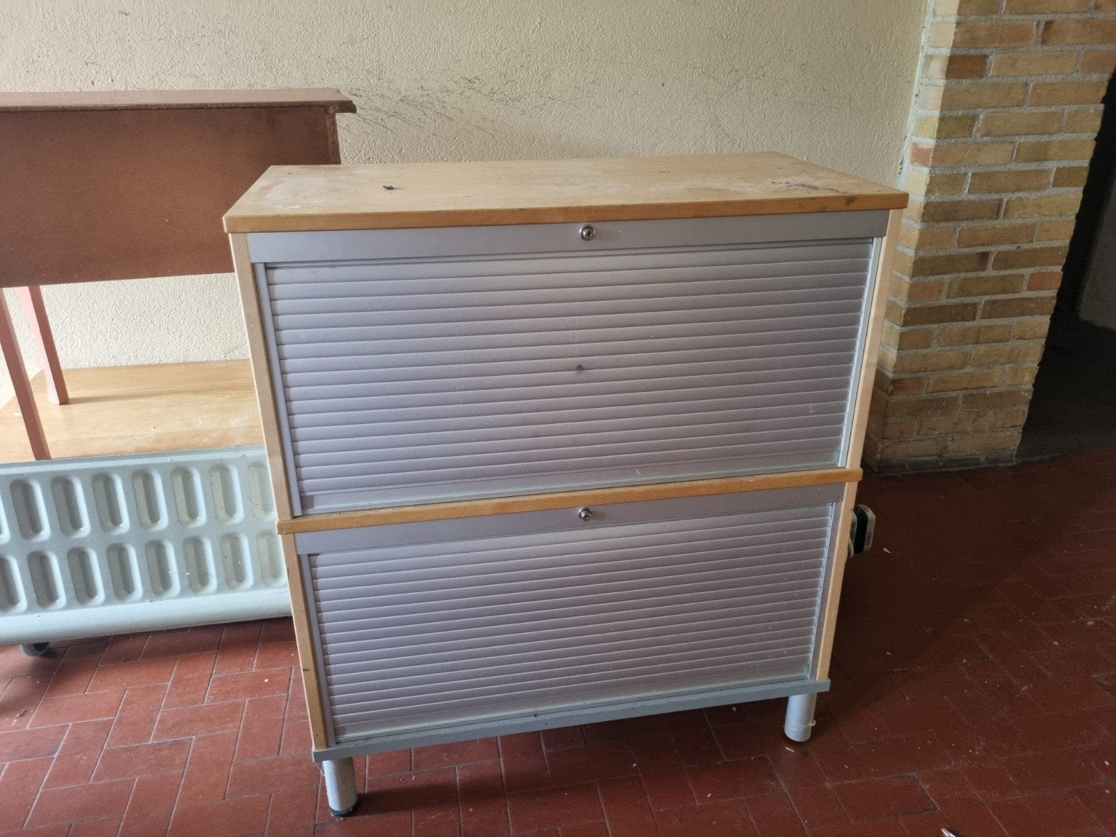 Archiefkast met rolluiken - Hout en metaal, Huis en Inrichting, Overige houtsoorten, Gebruikt, Klassiek kantoor, 100 tot 150 cm
