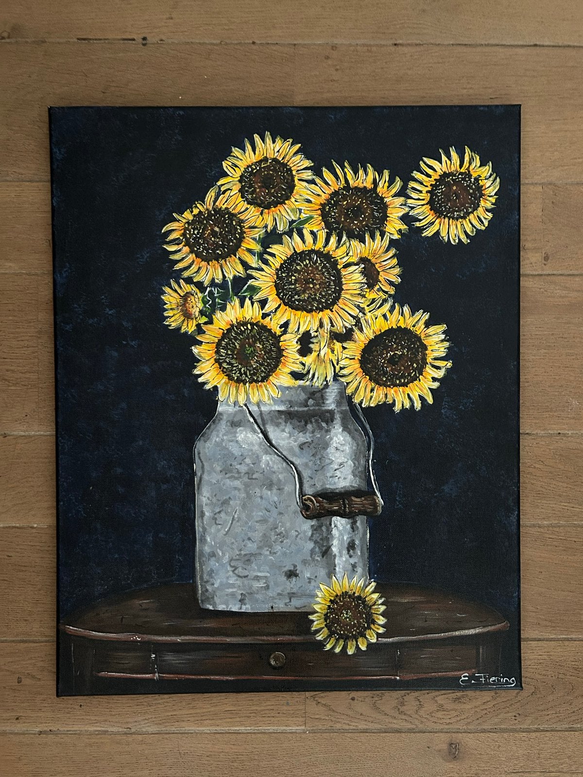 Schilderij Zonnebloemen in Melkbus - Acrylverf 40x50 cm, Ophalen of Verzenden