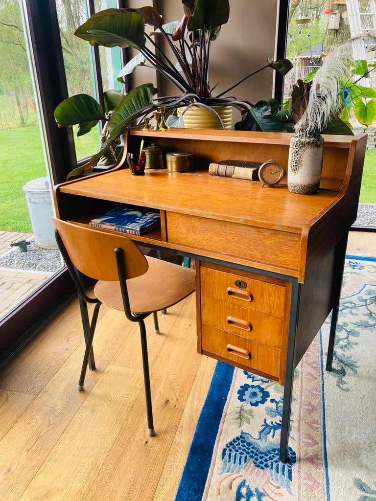 Vintage  Mid-Century teak bureau, Huis en Inrichting, Bureaus, Ophalen, Gebruikt, Scandinavisch, Bruin