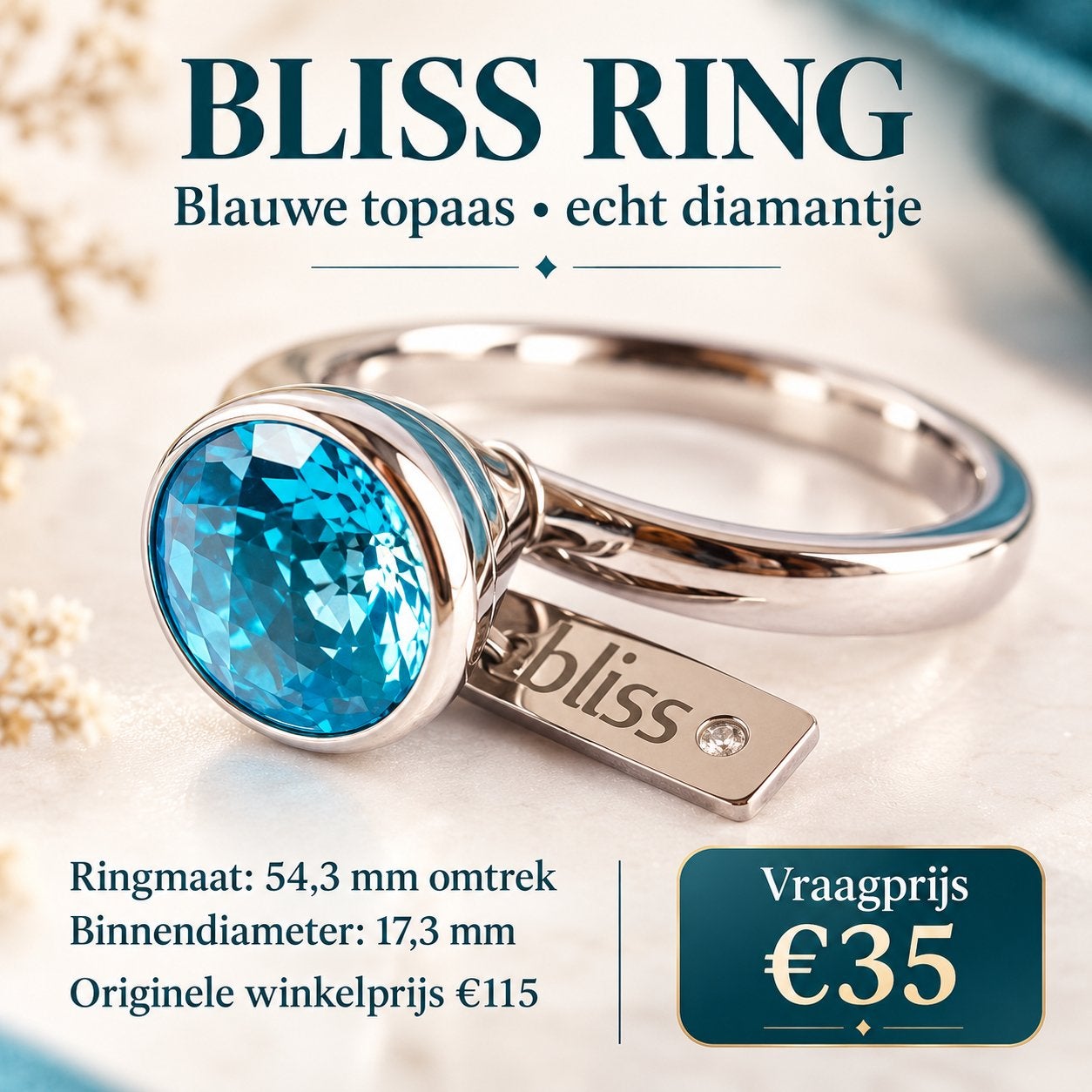 Bliss Ring met Blauwe Topaas en Diamantje - Maat 17.3mm, IJzer of Staal, Ophalen of Verzenden, Zo goed als nieuw, 17 tot 18