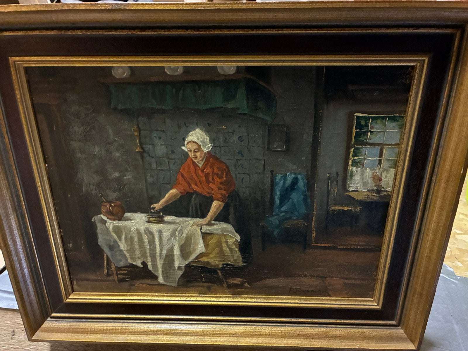 Olieverfschilderij: Strijkende Vrouw door P. Bosman, Ophalen, Doek, Portret of Personen, Realistisch
