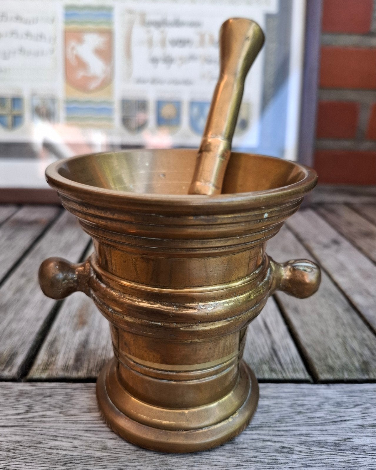 Antieke geelkoperen Vijzel met Stamper, Antiek en Kunst, Ophalen of Verzenden, Koper