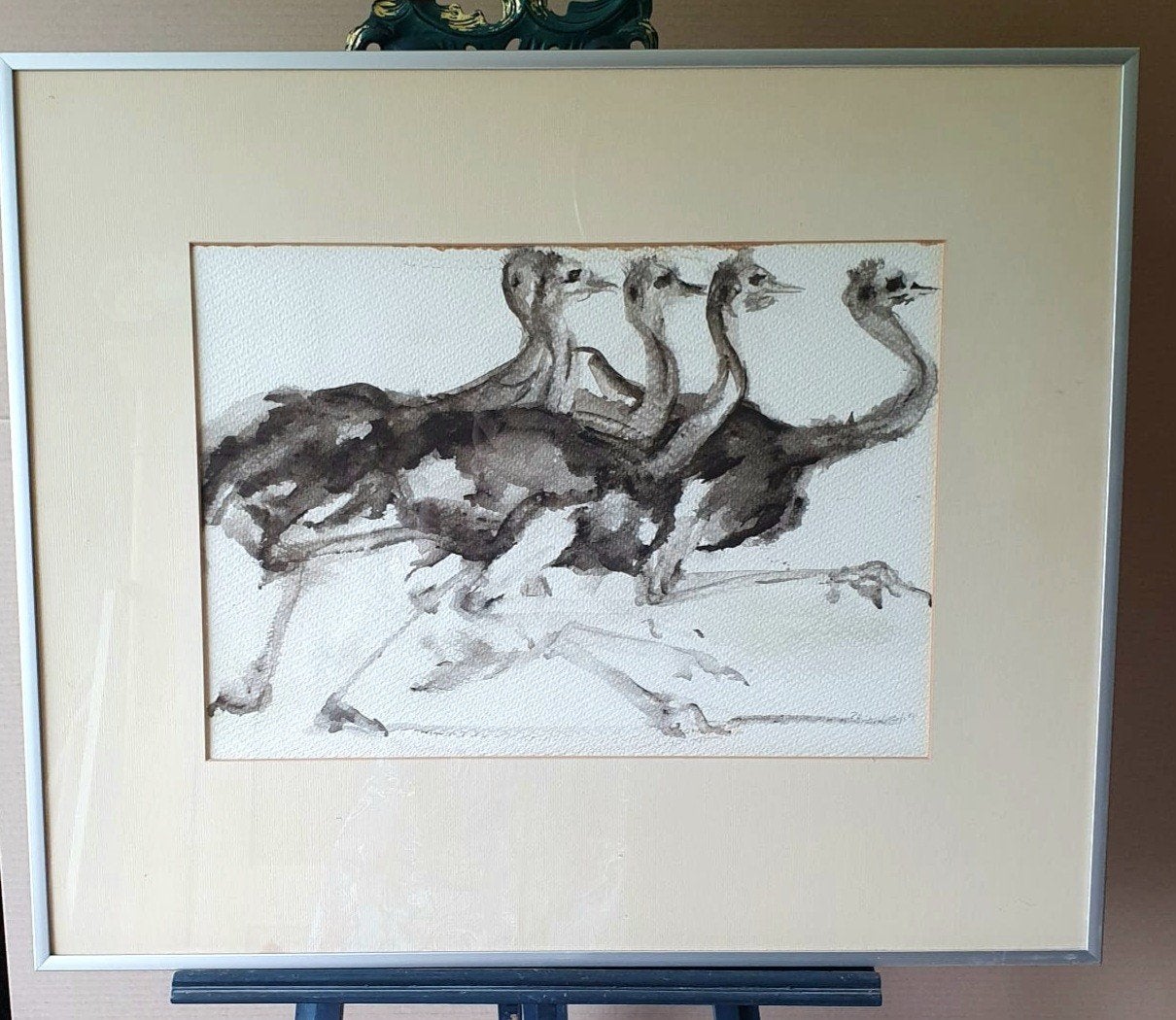 Inkttekening op papier van struisvogels in lijst, Antiek en Kunst, Kunst | Tekeningen en Foto's, Ophalen, Tekening, Gemengde techniek