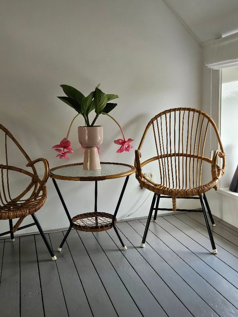 Vintage rotan setje tafel met 2 stoelen Rohe, Ophalen, Gebruikt, Twee, Bruin