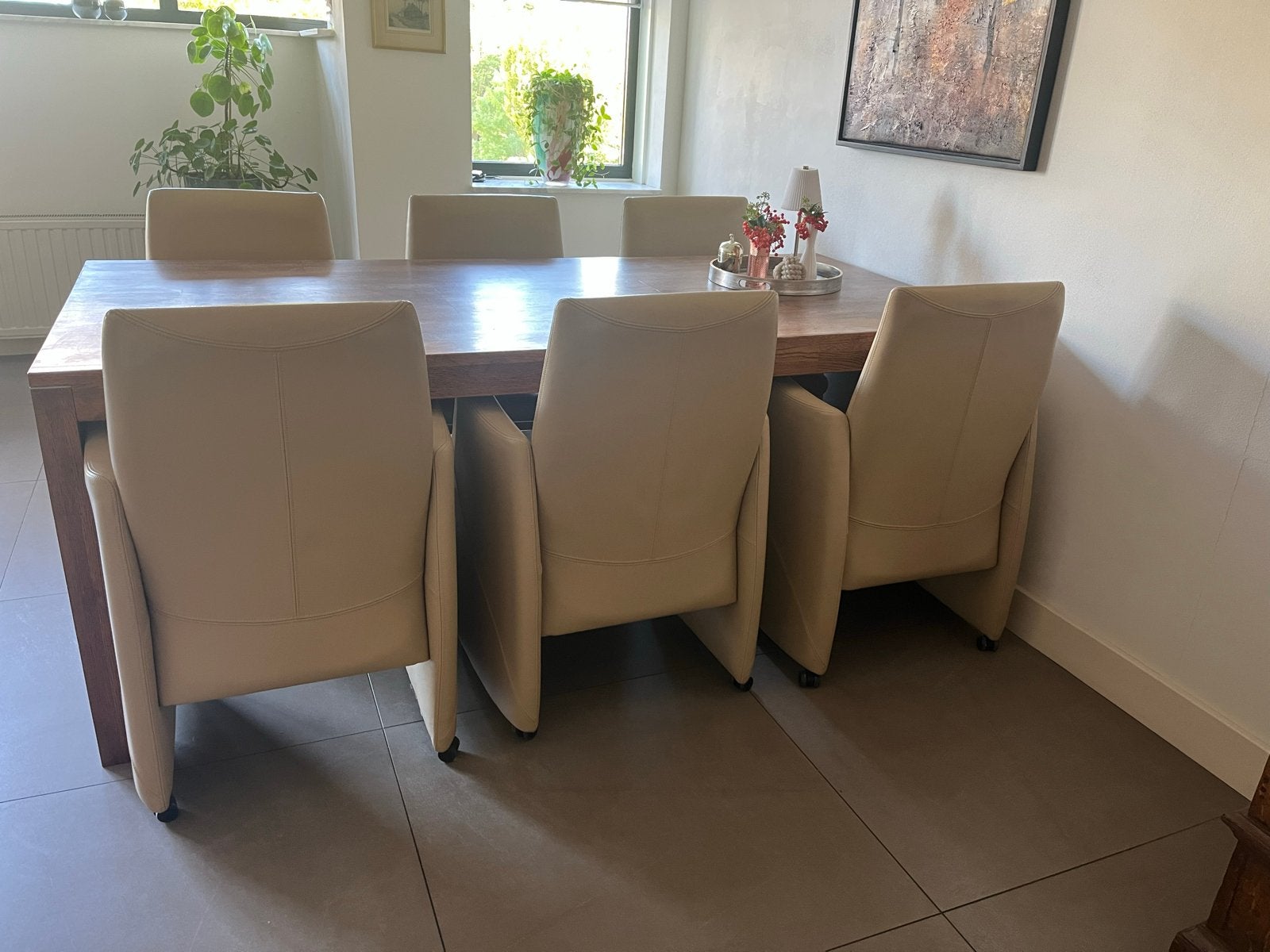 Massief eikenhouten eettafel met 6 lerenstoelen, Huis en Inrichting, Tafels | Eettafels, Ophalen, Gebruikt, 50 tot 100 cm, Vijf personen of meer
