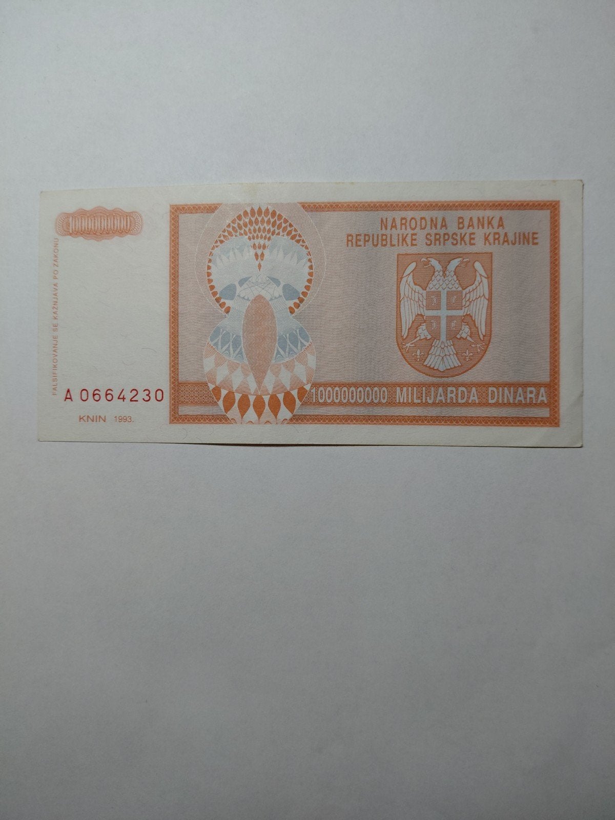 Kroatië 1 miljarde dinara 1993, Ophalen of Verzenden, Overige landen