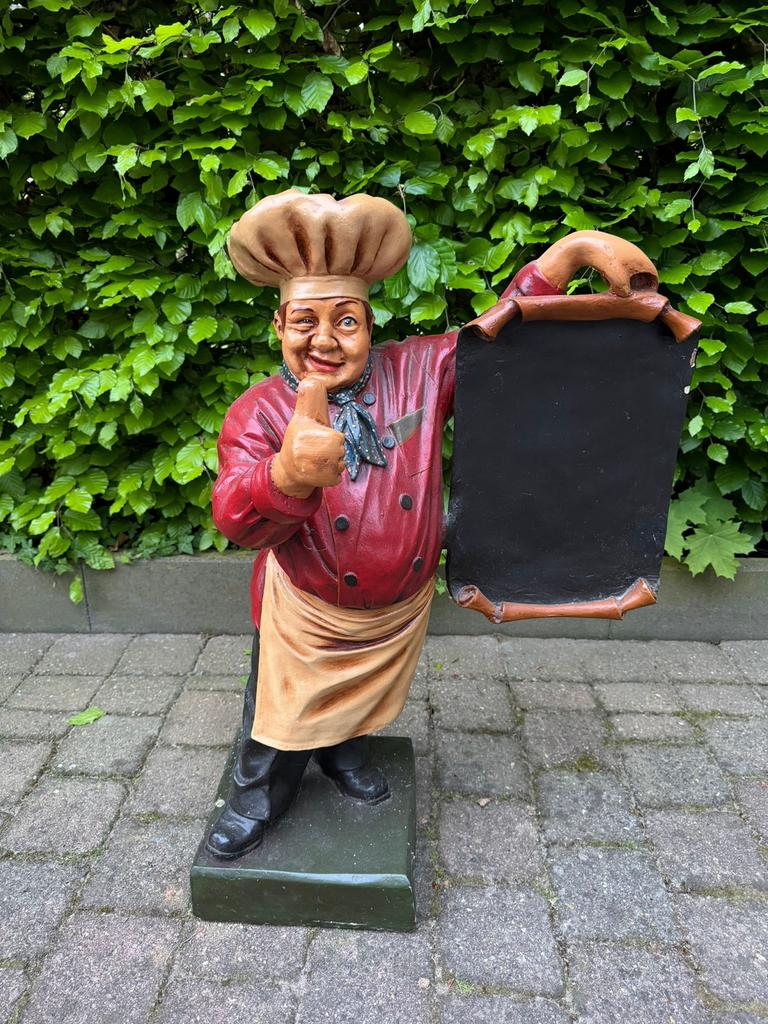 Vintage kok beeld met krijtbord 75 cm horeca decoratie, Verzamelen, Beelden en Beeldjes, Ophalen