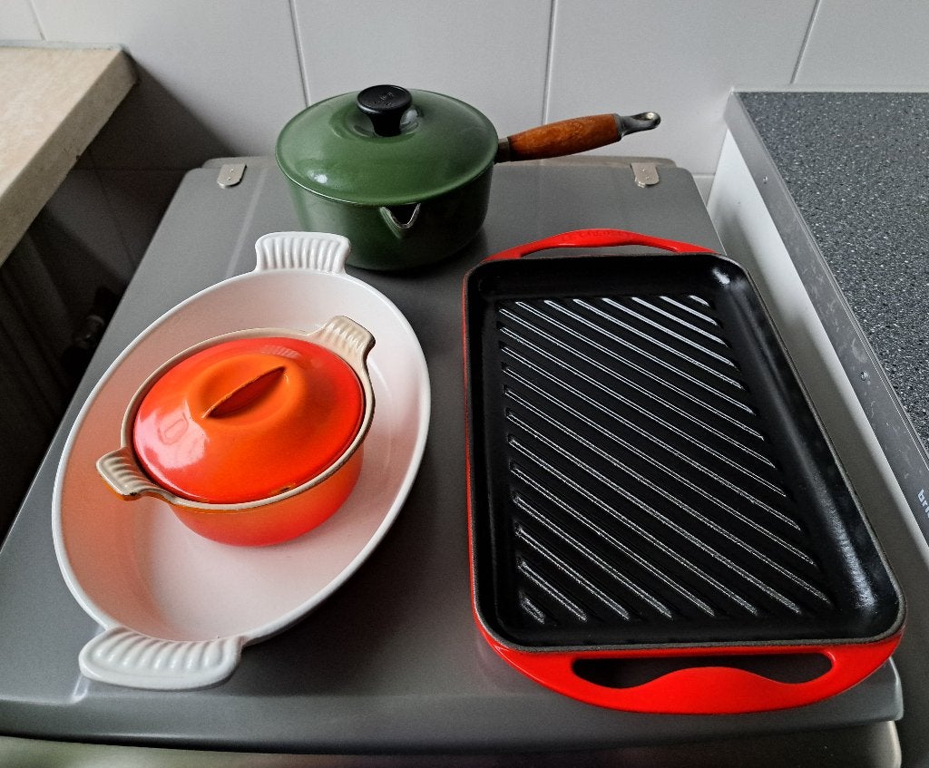 Le Creuset div. gietijzeren schalen, grillplaat, steelpan, Ophalen, Gebruikt, Gietijzer, Overige typen