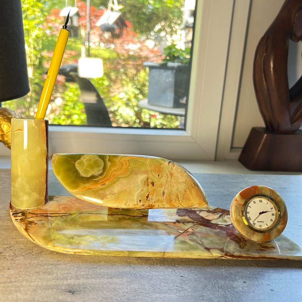 Edelsteen onyx bureau set, klok, penhouder, briefstand, Antiek en Kunst, Ophalen of Verzenden