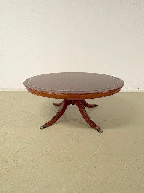 Engelse ovale salontafel, mahonie met bruin leer, Ophalen, 50 – 75, Gebruikt, 100 tot 150 cm