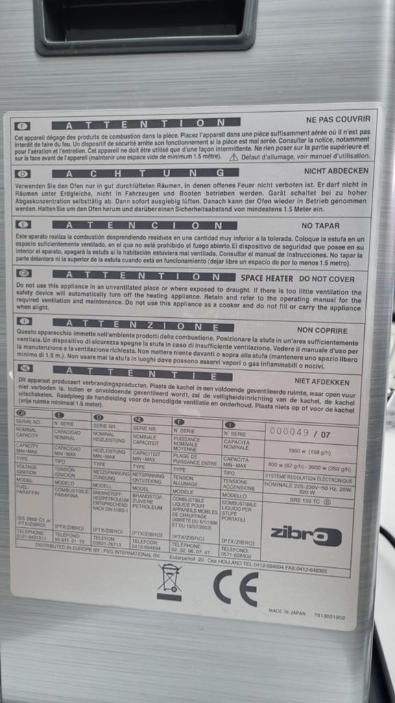 Zibro SRE 153 TC Laser Petroleumkachel, Huis en Inrichting, Kachels, Gebruikt, Petroleumkachel, Overige brandstoffen, Ophalen