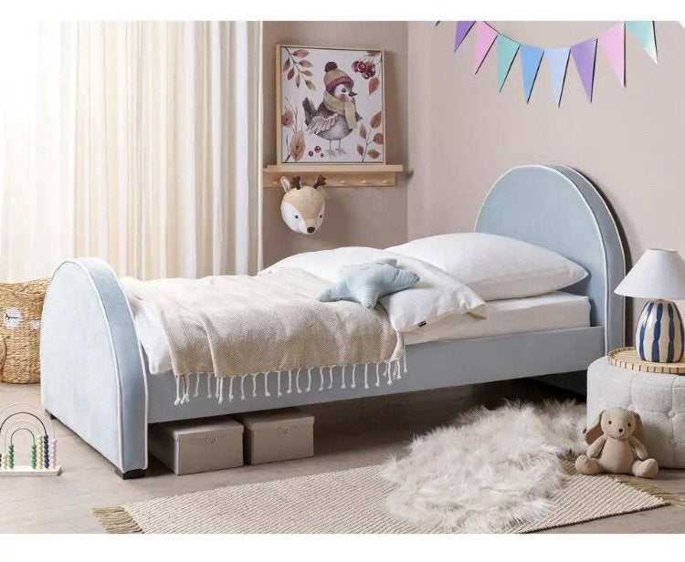 Kinderbed NOZAY (Leenbakker/Beliani) fluweel blauw, Ophalen, Gebruikt, 90 cm, Eenpersoons