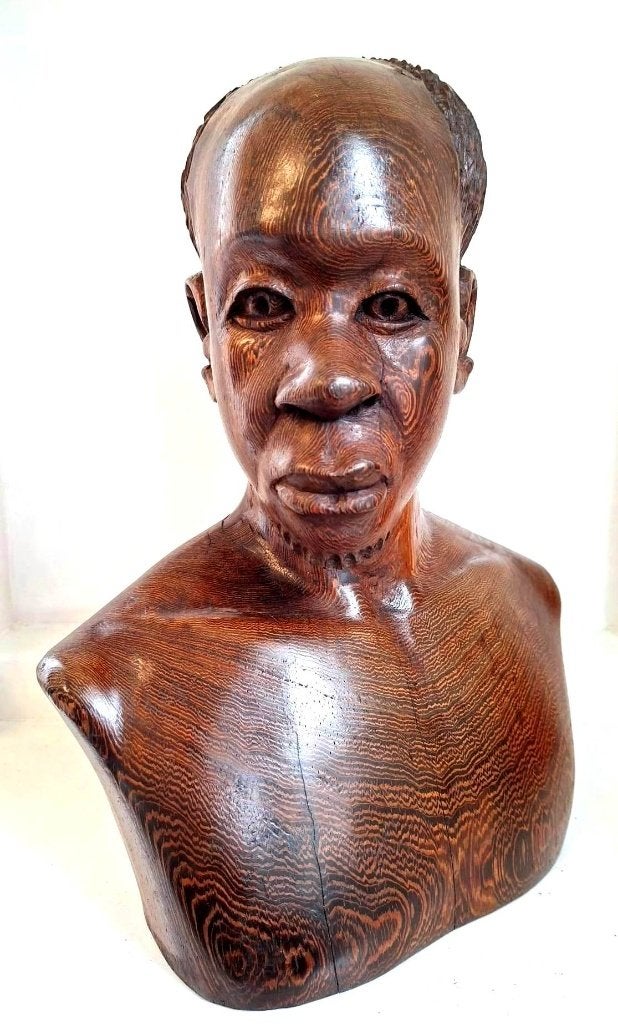 Joseph Bansimba Schitterende Houten Buste Afrikaanse Man, Antiek en Kunst, Ophalen of Verzenden, Handgemaakt, Hout