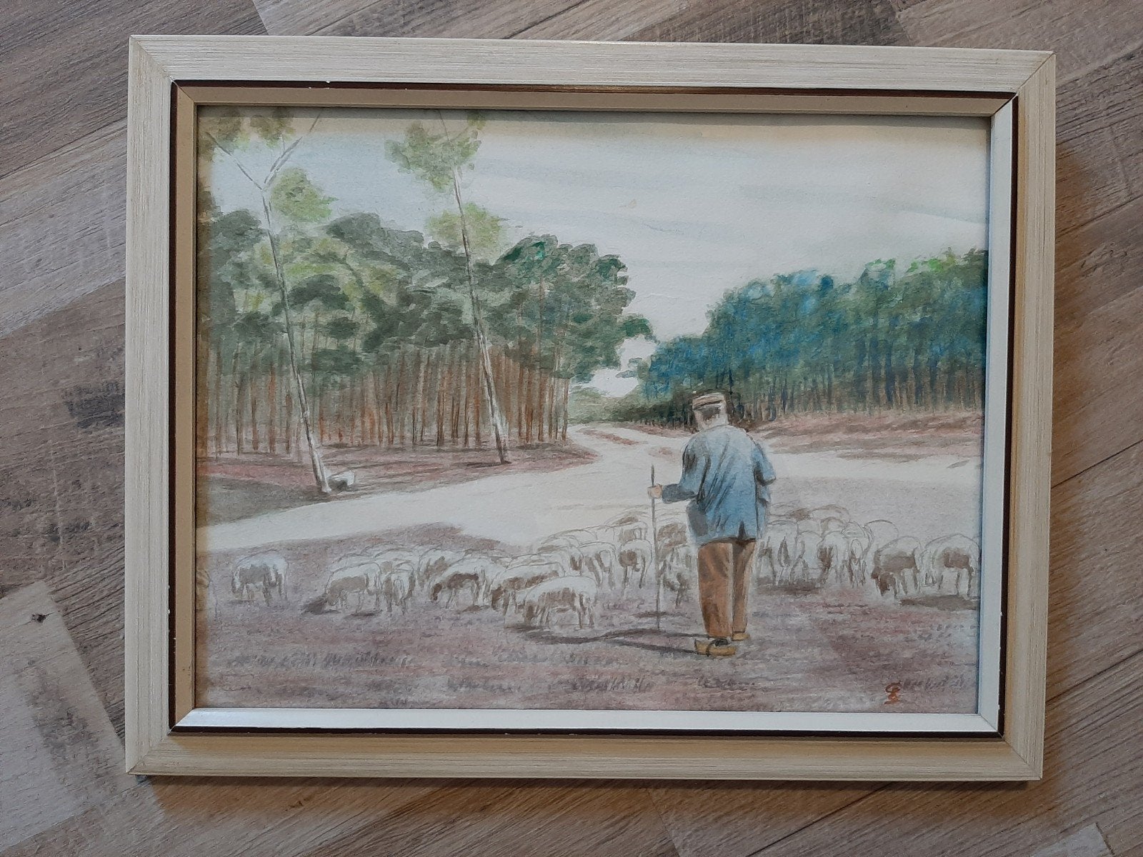 Ingelijste tekening  herder met schapen, Antiek en Kunst, Ophalen of Verzenden