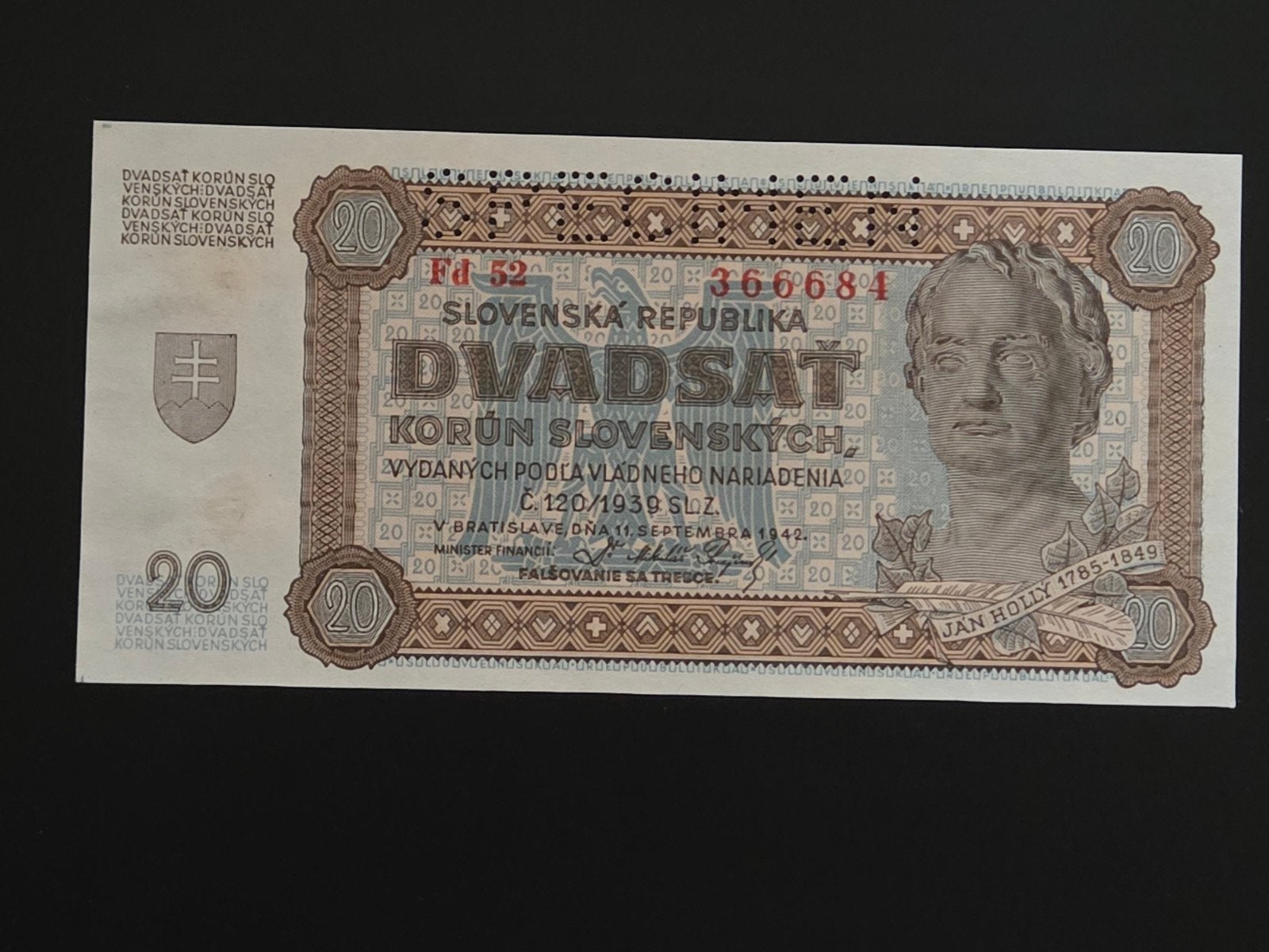 Slovakia 20 korun 1942 SPECIMEN UNC, Ophalen of Verzenden, Overige landen