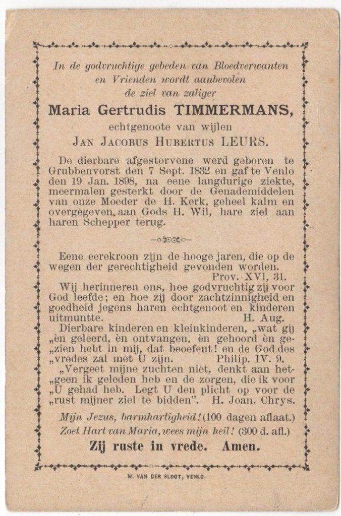 Maria G. Timmermans 1832 Grubbenvorst + 1898 Venlo, 66 jaar, Verzenden