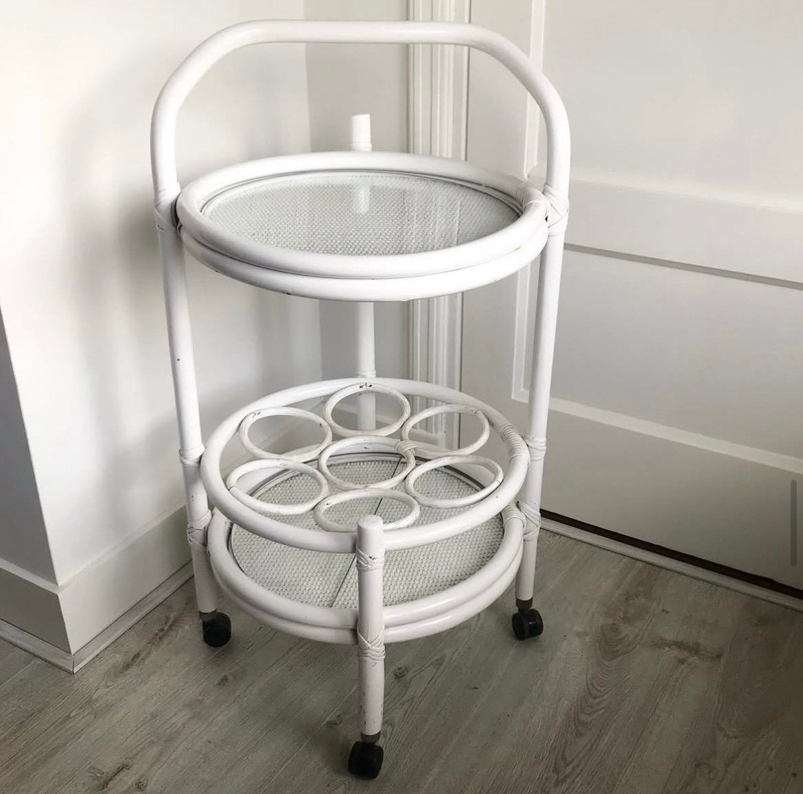 Rotan serveerwagen wijnrek trolley glasplaat rond wit, Ophalen, Gebruikt, Rond, Minder dan 55 cm