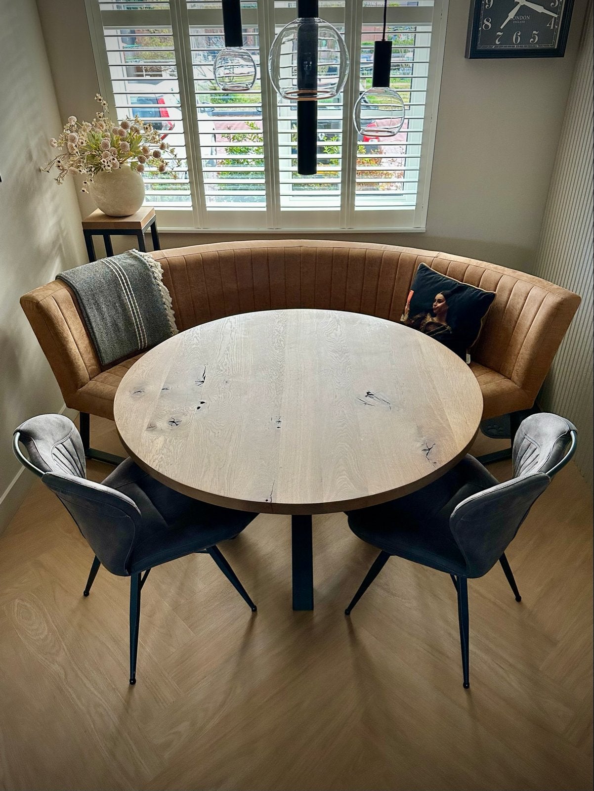 Ronde eettafel 130 cm geolied eiken blad, Huis en Inrichting, Tafels | Eettafels, Ophalen, 100 tot 150 cm, Zo goed als nieuw, Industrieel