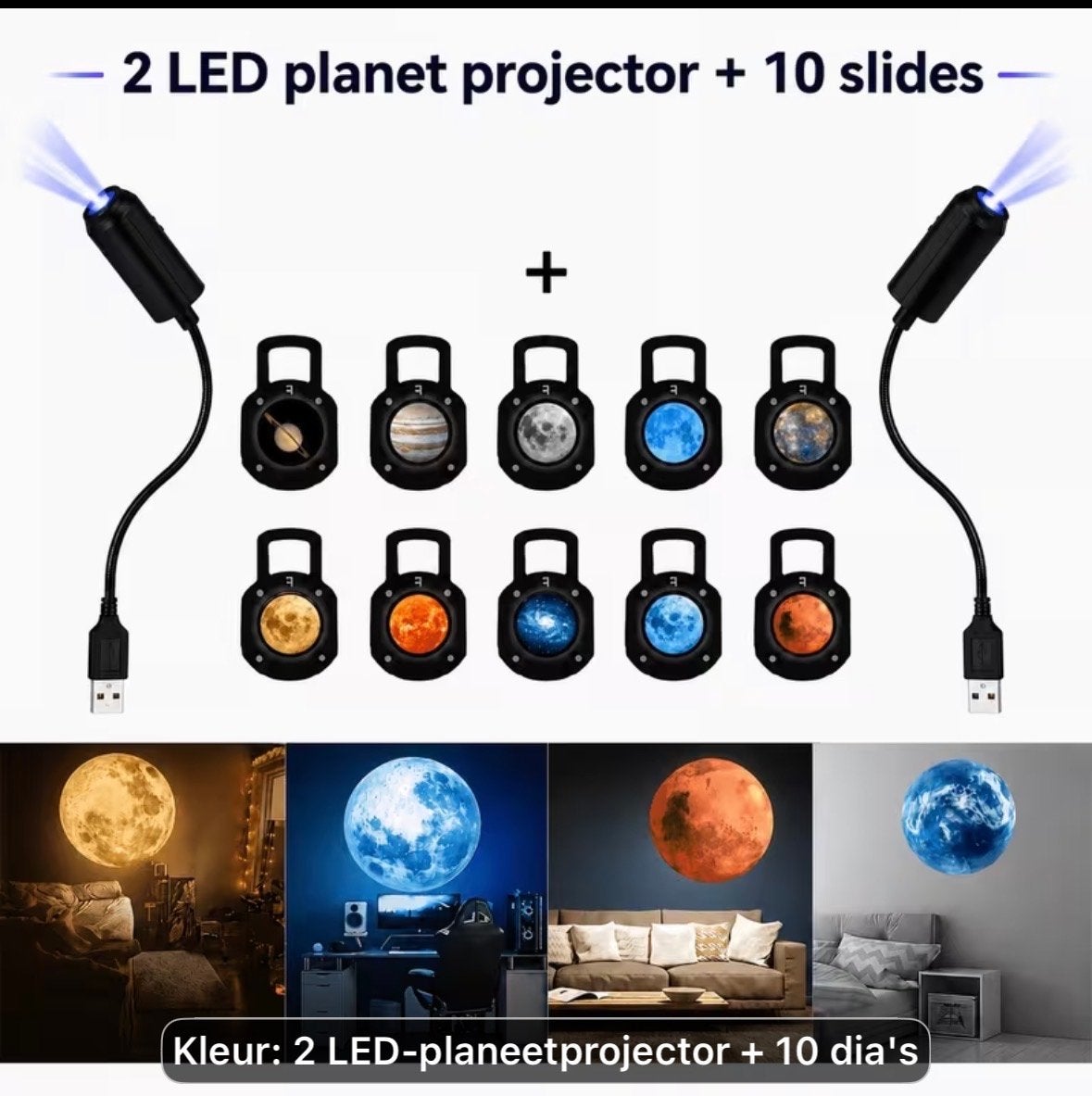 2 LED Planeet Projectoren met 10 Dia's - Sterrenhemel Projec, Overige merken, Kunststof, Zwart, USB-aansluiting