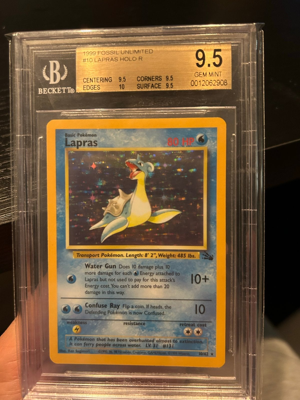 Pokémon Lapras Holo R #10 1999 Fossil Unlimited BGS 9.5, Ophalen of Verzenden, Zo goed als nieuw, Losse kaart