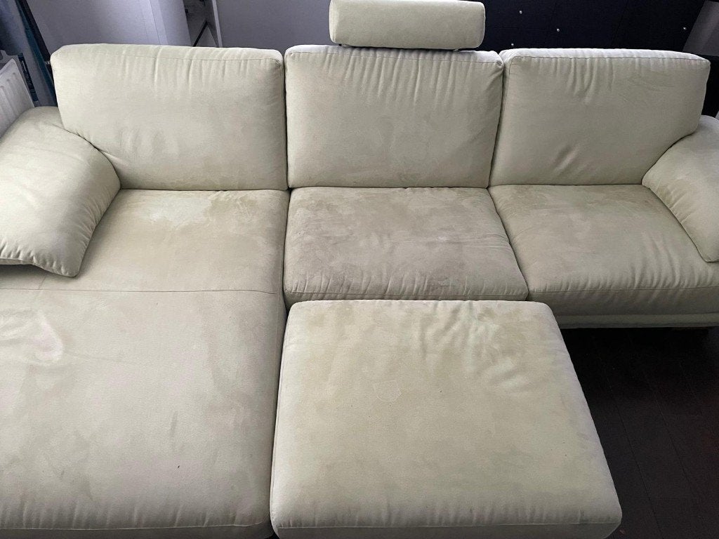 Natuzzi Plaza Appeltjesgroene bank Alcantara, Ophalen, 250 tot 300 cm, Gebruikt, Hoekbank