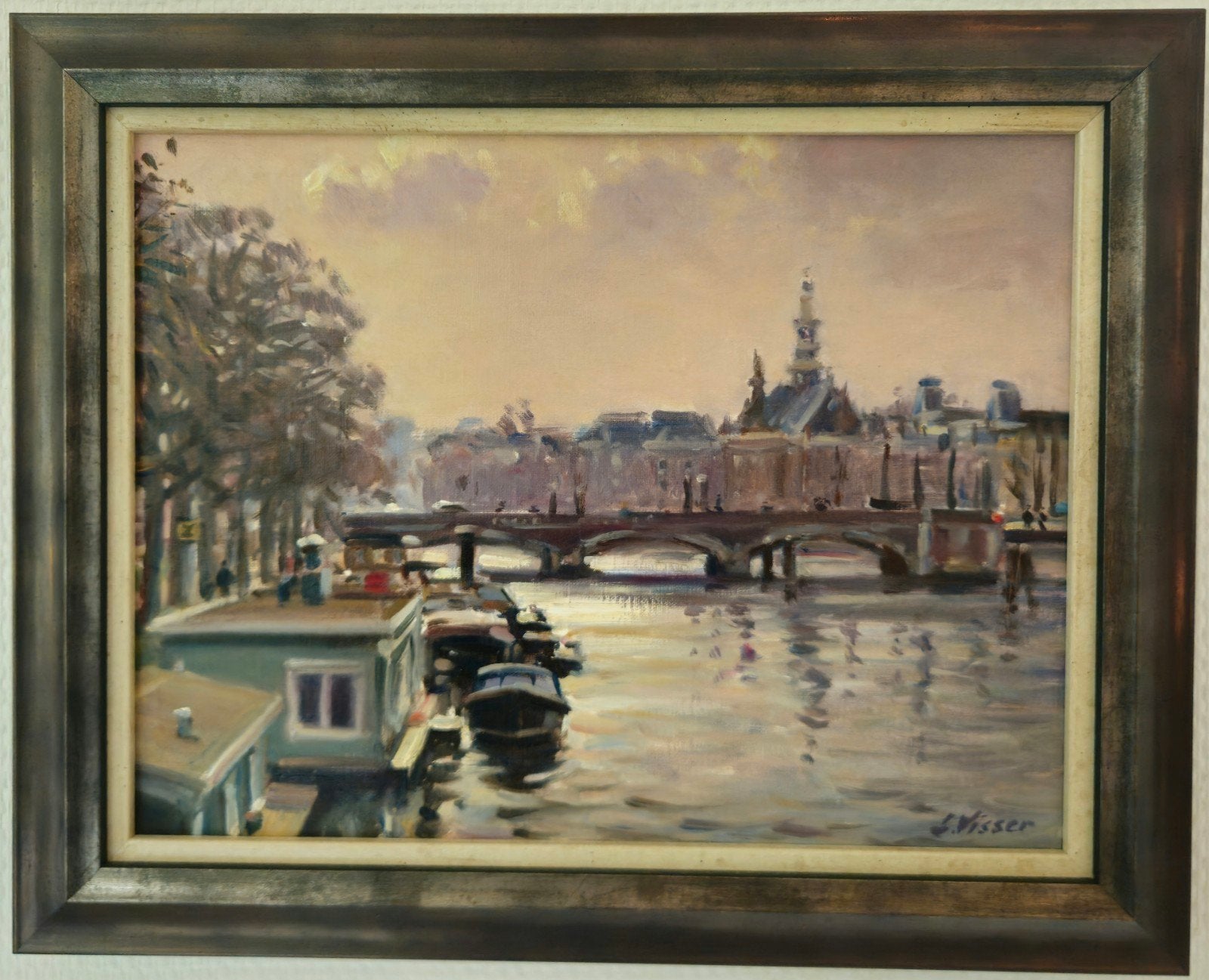 Louis Visser - De Amstel met oud-gemeentehuis Nieuwer-Amstel, Paneel, Realistisch, Ophalen of Verzenden, Gesigneerd