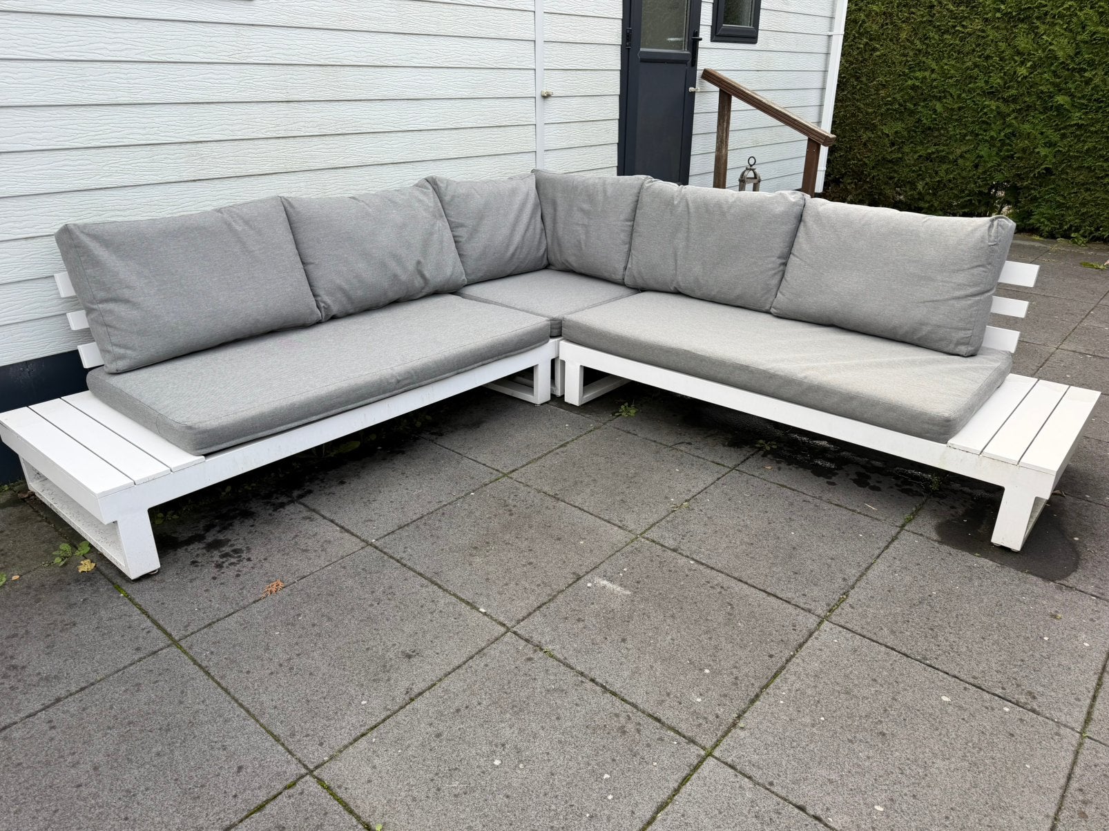 Mooie lounge hoekbank met water afstotende kussens, Ophalen, Gebruikt, 6 zitplaatsen, Aluminium