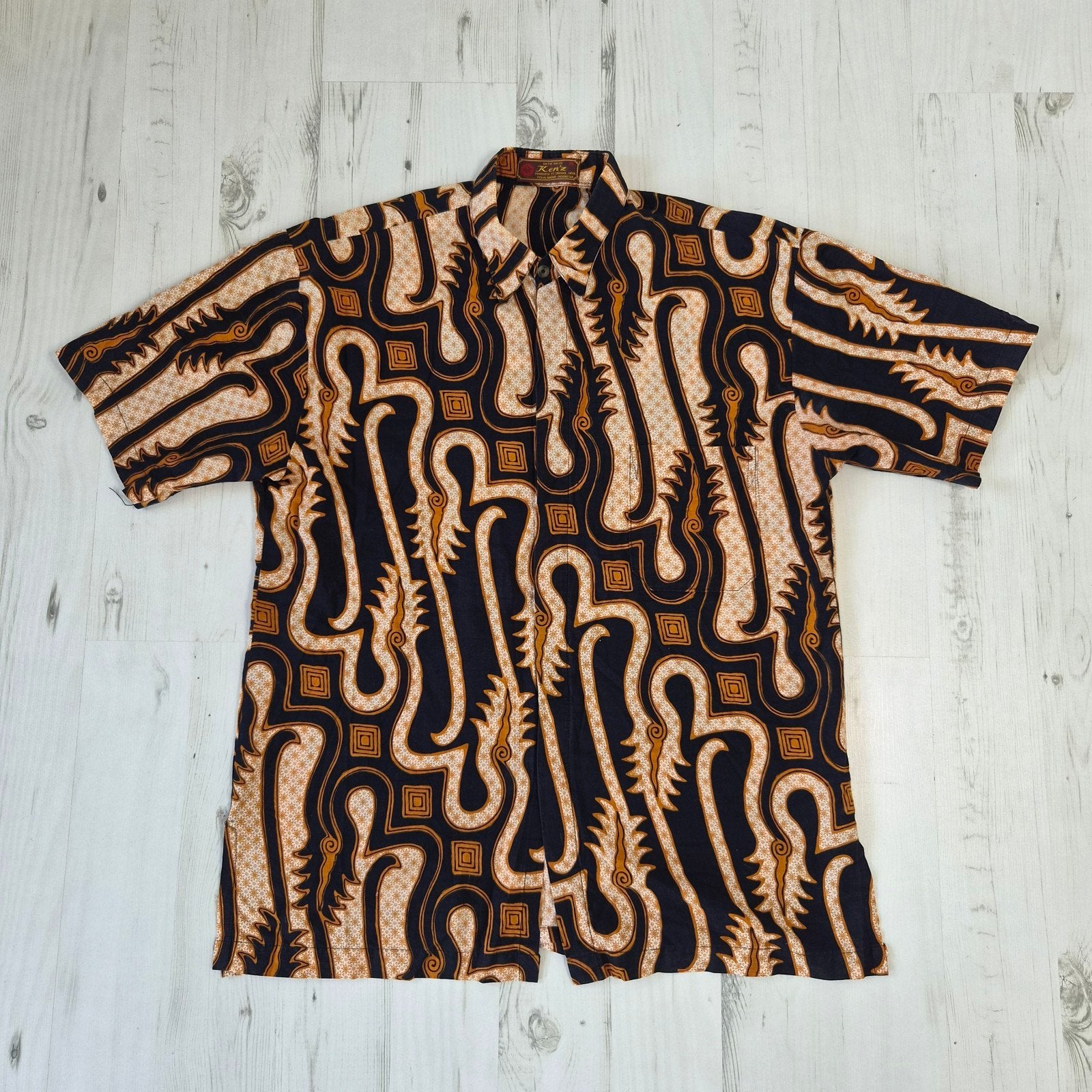 Ken'z batik overhemd korte mouwen XL bruin beige, Bruin, Ophalen of Verzenden, Halswijdte 43/44 (XL), Ken'z Batik Kalus