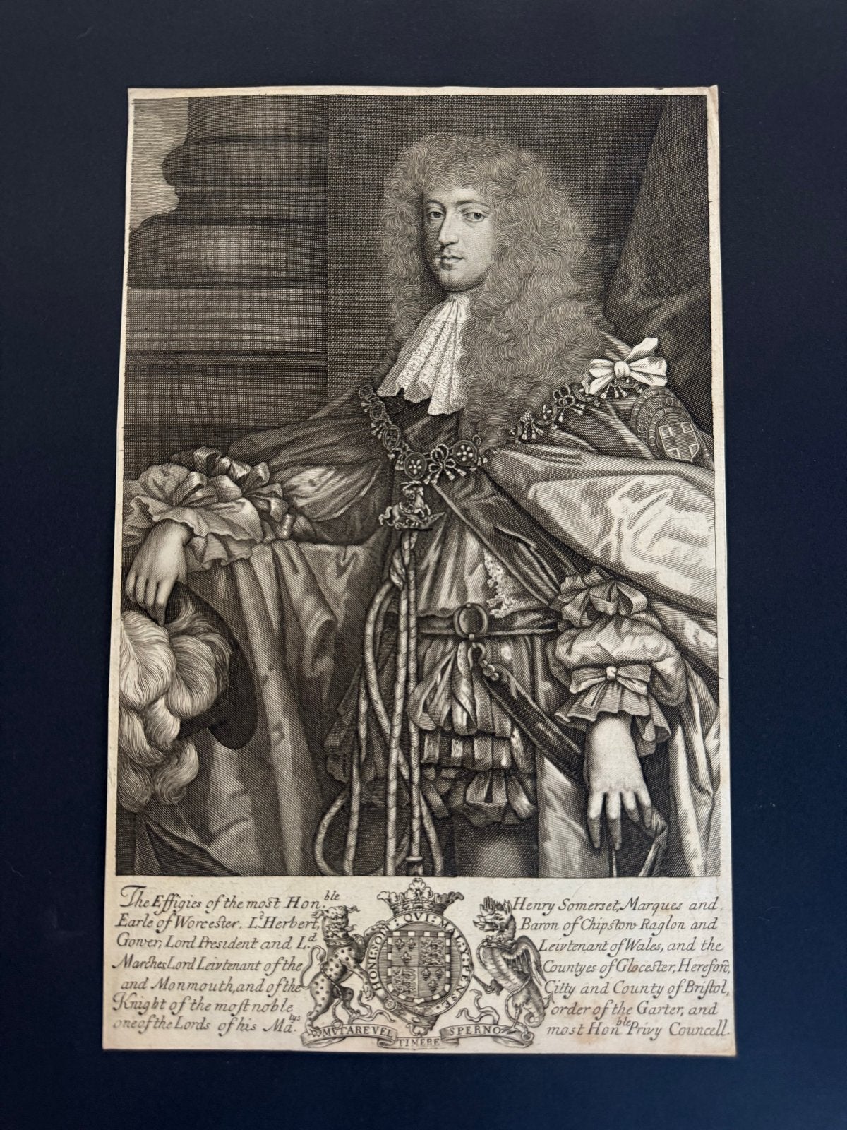 Antiek Portret Henry Somerset, Markies van Worcester, Met tekst, Portret, Gravure, 1600 - 1699